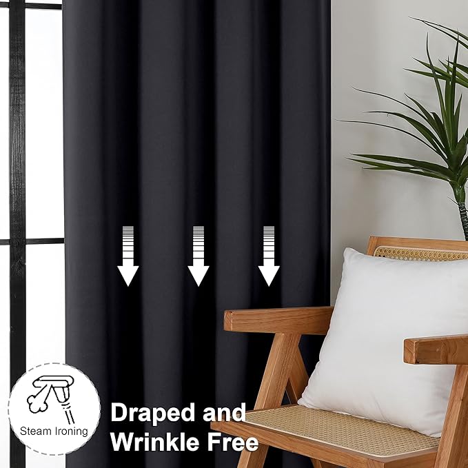 Simplebrand Ava Halloween Black Blackout Curtains for Bedroom 96 Inches Long 2 Panels, Solid Thermal Insulated, Energy Saving Living Room Window Treatment Curtains Blackout Drapes, W50 x L96 Inch