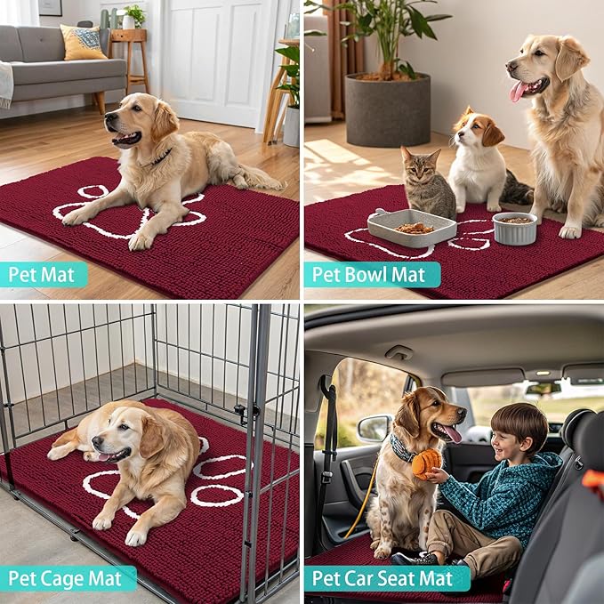 Smiry Dog Door Mat for Muddy Paws, Absorbent Dirt Trapper Non Slip Quick Dry Washable Chenille Mat for Mud Dogs, Entry Rug for Indoor and Outdoor (30x20 Inches, Burgundy and White)