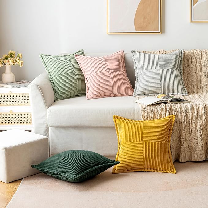 MIULEE Decorative Throw Pillow Covers for Couch Bed Livingroom 18x18 Inch Set of 2 Dark Green Boho Accent Throw Pllows Broadside Striped Patchwork Soft Corduroy Pillowcases