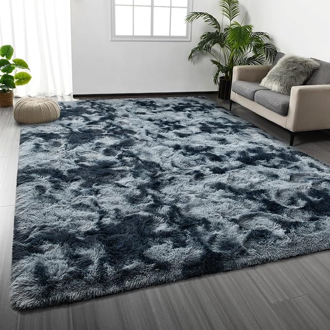 Deerhoo Shag Area Rug, 4 X 6 Tie-Dyed Plush Fuzzy Rugs for Living Room, Ultra Soft Fluffy Furry Rug for Bedroom, Indoor Carpet Nursery Rugs for Kids Room Home Decor, Blue and Grey