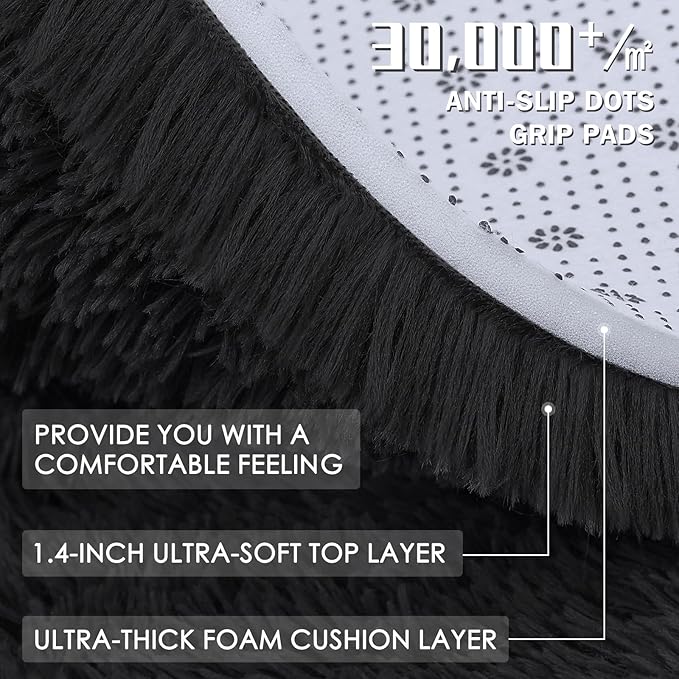 OLANLY Black Round Rugs for Bedroom - Machine Washable, 2 ft Circle Area Rugs for Living Room, Soft and Fluffy Shaggy Carpet for Teen Girls and Boys, Nursery Rooms, Dorms, Home Decor Aesthetic