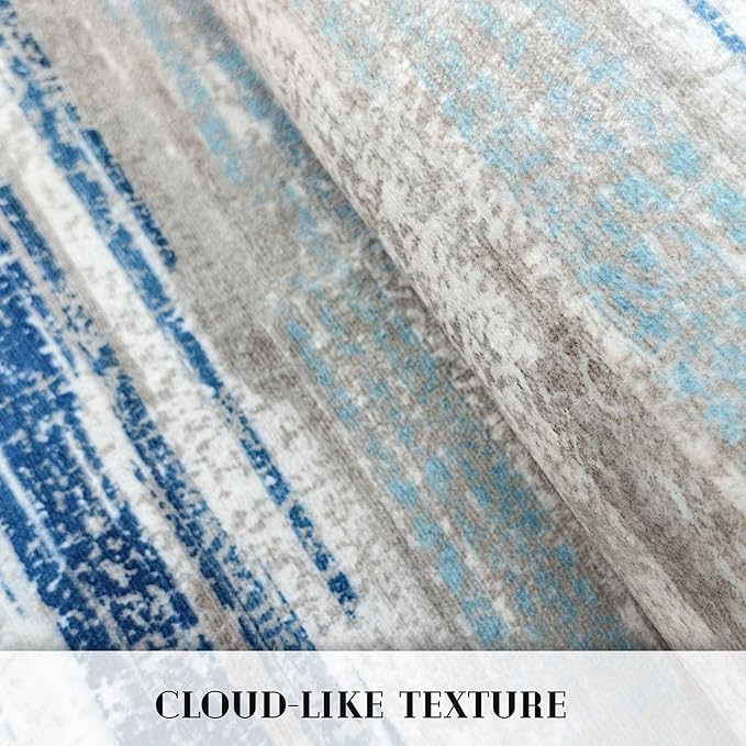Lansny Modern Abstract Runner Rug 2.6x16, Blue Washable Long Kitchen Runner Non-Slip Soft Hallway Rug Runner Thin Print Faux Wool Carpet for Entryway Bedroom Laundry Room Indoor Home Decor