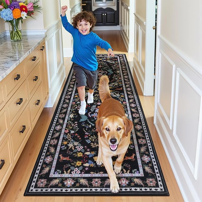HEBE Washable Hallway Runner Rug 2'x 8' Non Slip Kitchen Rugs Runner,Low Pile Entryway Rug Laundry Room Mat Floral Carpet Runners for Hallways, Kitchen,Bathroom,Laundry,Bedside Rug