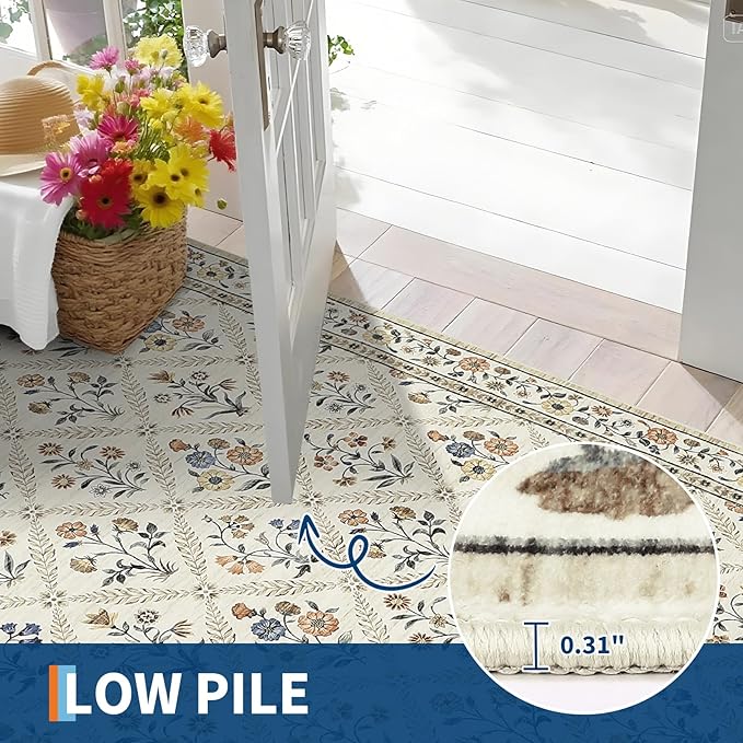 Washable Kitchen Runner 2x6 Non-Slip Floral Carpet Runner for Entryway Indoor Ultra Soft Stain Resistant Long Rugs Farmhouse Floor Mat for Hallways Laundry Bedroom Beige