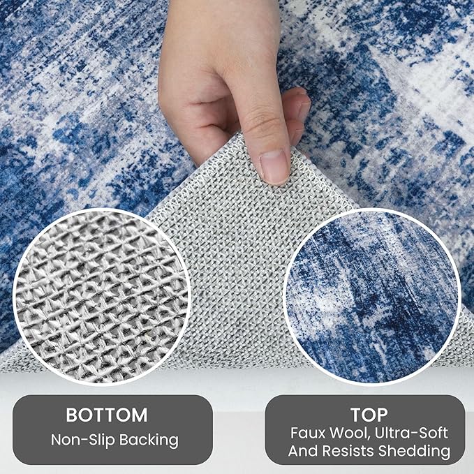 IOHOUZE Abstract Runner Rug 3x14 Ft Washable Runners for Hallways, Non Slip Kitchen Runner Printed Faux Wool Entryway Runner Indoor, Modern Abstract Floor Carpet for Hall Stair, Navy/Grey