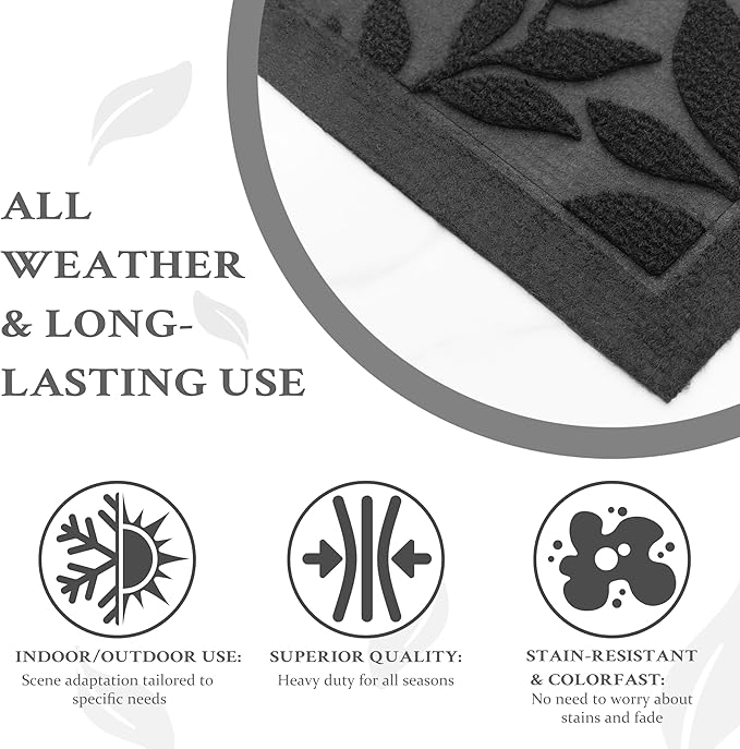 Grey Leaves Outdoor Indoor Entrance Doormats, Absorbent Durable Heavy Duty Welcome Front Door Mat,Thick Natural Rubber Back,Easy Clean Entryway Mat 23x35 Inch, Low Profile