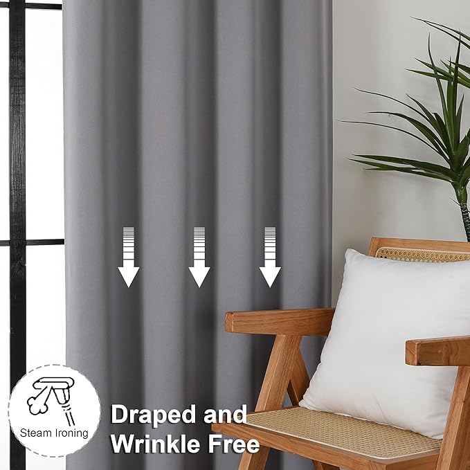 Simplebrand Ava Light Grey Blackout Curtains for Bedroom 63 Inch Length 2 Panels, Solid Thermal Insulated Energy Saving Rod Pocket Window Treatment Curtains Blackout Drapes, W40 x L63 Inch, Light Grey