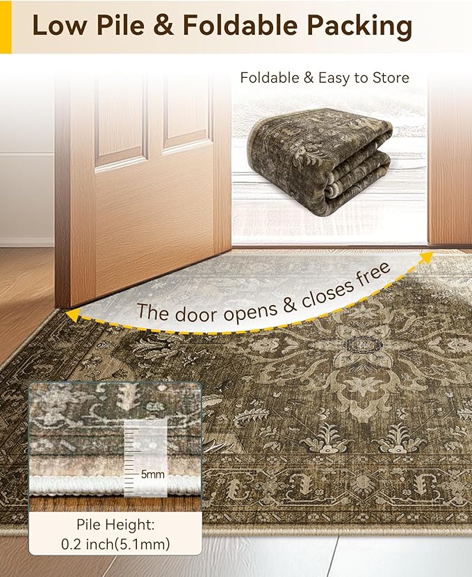 Area Rugs 8'x10' Washable Non-Slip, Floral Vintage Distress Print Pattern Medallion Carpet for Living Room Bedroom Dining Room, Brown Dark Brown