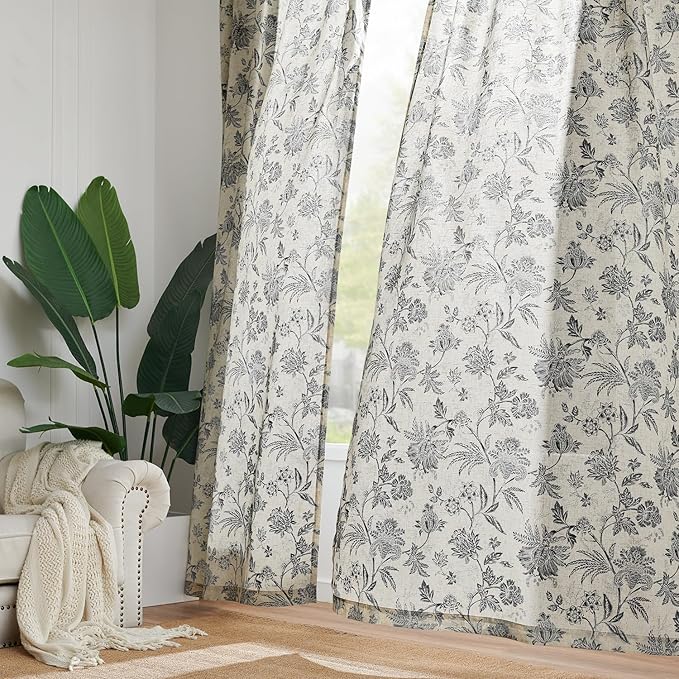 jinchan Linen Floral Curtains for Living Room with Printed Flower 96 Inches Long Light Filtering French Country Back Tab Rod Pocket Black Window Curtain Set Farmhouse Drapes 2 Panels Black