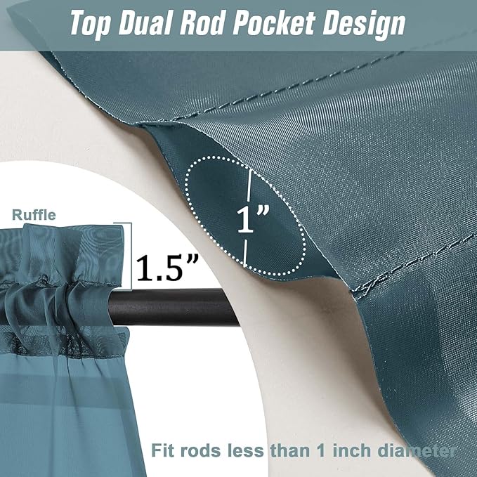 Small Sheer Curtains 2 Panels Set, Kitchen Curtains 36 Inch Length, Elegant Light Filtering Short Window Drapes for Living Room Bedroom, Dual Rod Pocket Design, Dusty Blue, 2x42Wx36L Inches
