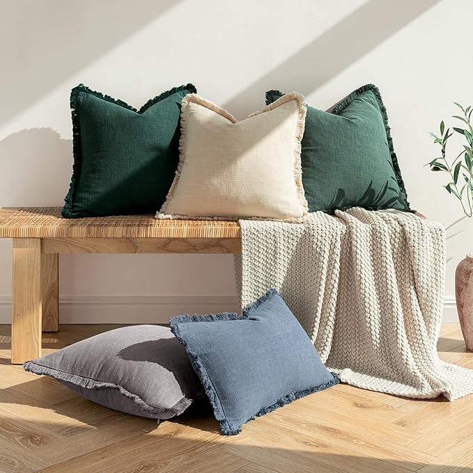 MIULEE Decorative Throw Pillow Covers Neutral Linen Fringe Throw Pillows Euro Shams Set of 2 Navy Blue Boho Farmhouse Cushion Covers for Couch Sofa Bed Living Room Spring Home Decor 26x26 Inch
