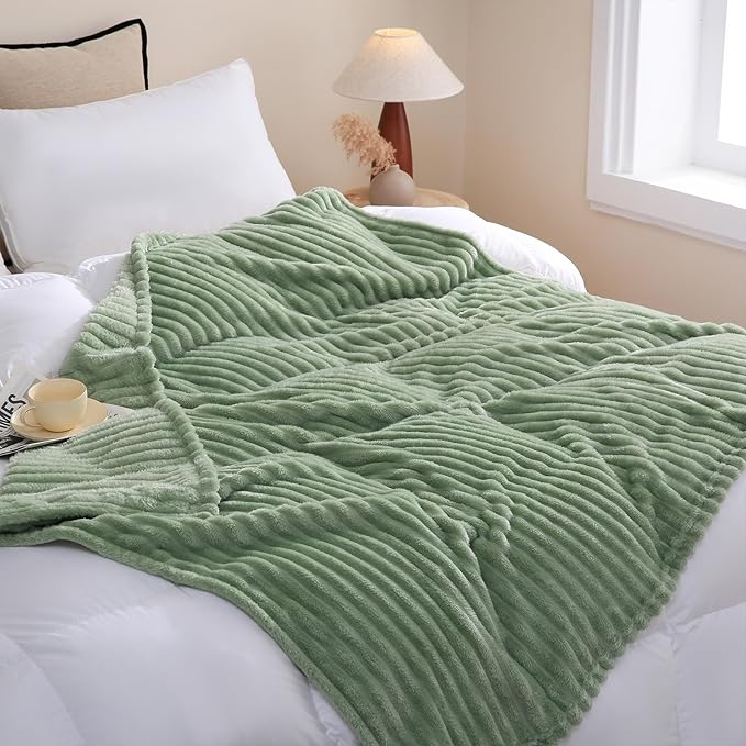 Sage Green Fleece Throw Blanket 108”×90” for Couch Sofa Bed,Super Soft Cozy Plush Microfiber Flannel Blanket with Stripes Design Lightweight for Adults,Woman,Girls
