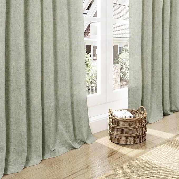 Nanspring Sage Green Linen Blend Light Filtering Curtains 86 Inches Long 2 Panel Set Pocket Back Tab Light Green Privacy Semi Sheer Decorative Decor Curtain Drapes for Bedroom Living Room 52x86