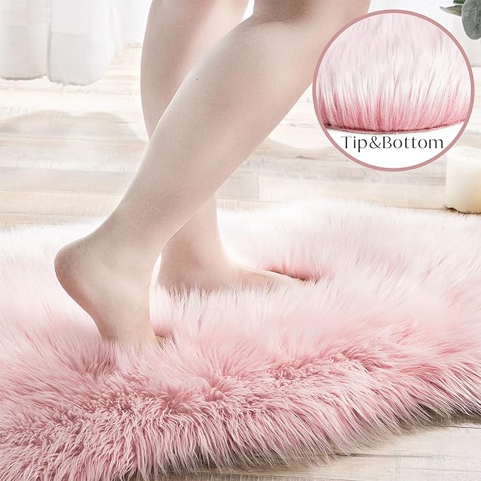 Ashler Faux Fur Rug - Fluffy Shaggy Area Rug, Ultra Soft 3 x 3 Feet Round, Frosted Bottom Pink Fuzzy Machine Washable Shag, Nursery Decor Throw for Bedroom, Kids Room, Living Room