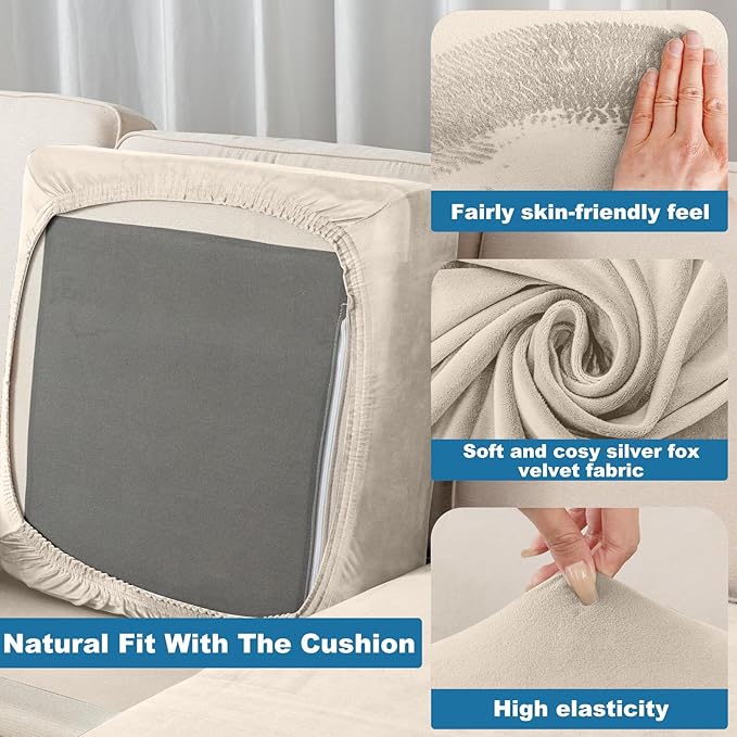 Couch Cover Velvet Chaise Cushion Cover for Sectional Sofas - Elastic L-Shaped Sofa Seat Covers Washable, Slipcover Protector (1-Piece, Cream)