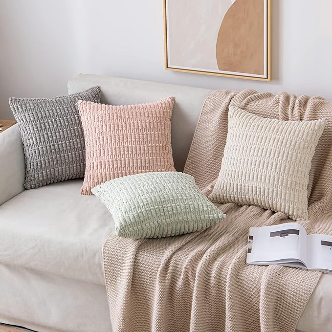 MIULEE Pack of 2 Corduroy Decorative Lumbar Throw Pillow Covers 20x12 Inch Soft Boho Striped Pillow Covers Modern Farmhouse Home Decor for Sofa Living Room Couch Bed Cream White