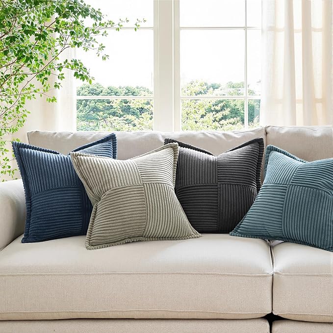 MIULEE Blue Corduroy Pillow Covers 16x16 Inch with Splicing Set of 2 Soft Boho Striped Pillow Covers Broadside Decorative Textured Summer Coastal Pillowcases for Couch Cushion Bed Livingroom