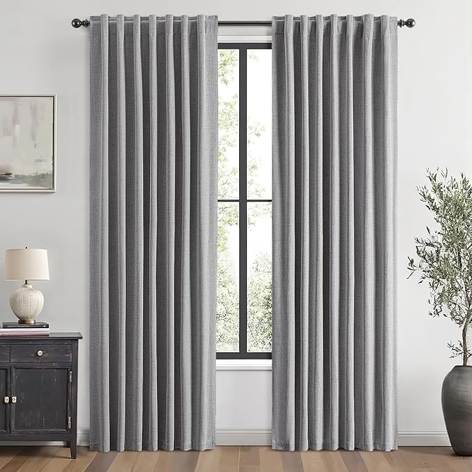 MIULEE 100% Blackout Linen Curtains for Bedroom, Glacier Gray Solid Luxury Decor Thermal Insulation Room Darkening Drapes for Living Room Nursery Back Tab Rod Pocket 42 x 63 Inches, 2 Panels