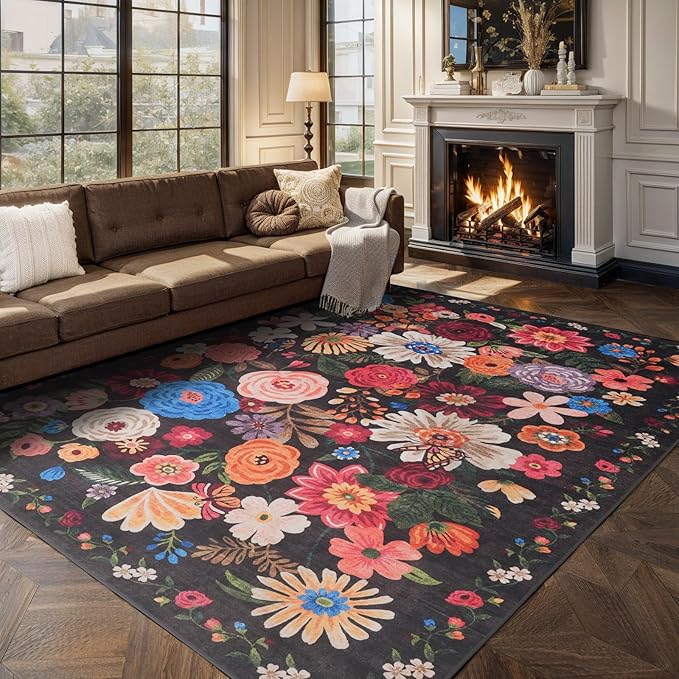 Black/Brown Area Rugs 10x14 Living Room, Non Slip Machine Washable Floral Rugs, Low Pile Lightweight Large Rug for Bedroom, Dining Room, Home Office(10 x 14, Black/Brown)