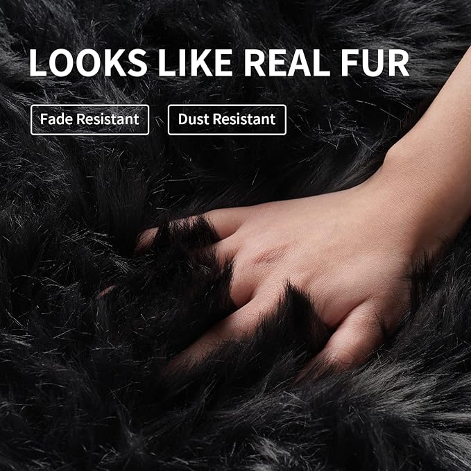Black Faux Fur Rug for Bedroom 3'x5' Soft Shag Fuzzy Rugs for Living Room, Furry Bedside Nursery Rug Plush Indoor Floor Carpet for Kids Room Teen Dorm