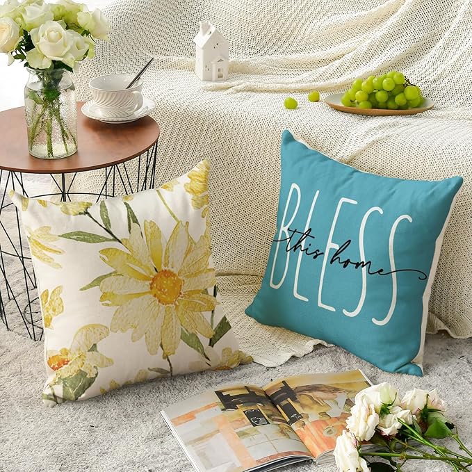 AVOIN colorlife Home Sweet Home Spring Summer Flowers Yellow Throw Pillow Covers, 20 x 20 Inch Blue Cushion Case for Sofa Couch Set of 4