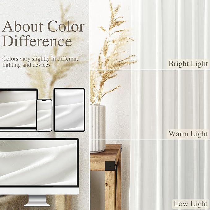 Off White Curtain 102 inches Long 2 Panels Set for Living Room Sliding Glass Door Back Tab Modern Farmhouse Coastal Decor Lightweight Cotton Textured Semi Sheer White Linen Curtains for Bedroom