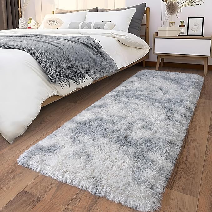Ultra Soft Runner Rugs for Bedroom Hallways with Upgraded Non-Slip Rubber Backing & Thick Memory Sponge, 2 Packs 2x6 Feet Fluffy Shag Throw Area Rug for Bedside Dorm Tie-dye Light Grey