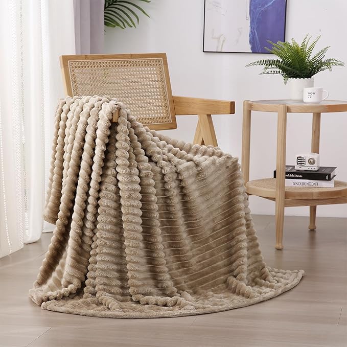 Tan Fleece Throw Blanket 108”×90” for Couch Sofa Bed,Super Soft Cozy Plush Microfiber Flannel Blanket with Stripes Design Lightweight for Adults,Woman,Girls