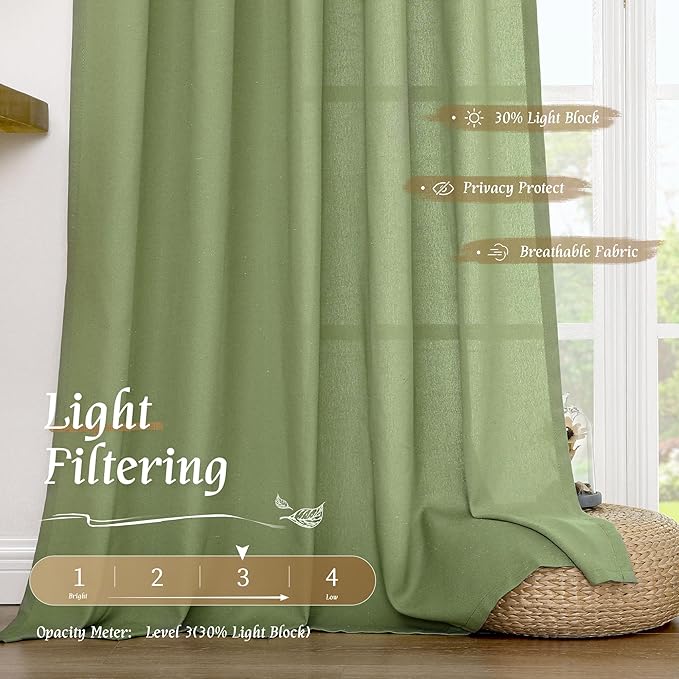 LAMIT Sage Green Linen Curtains for Living Room 84 inch Length 2 Panels, Light Filtering Privacy Panels Rod Pocket Neutral Privacy Drapes for Bedroom/Sliding Glass Door, 52 x 84 Inch