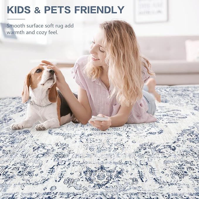 9x12 Area Rugs for Living Room: Washable Rug Vintage Large Rugs Soft Non Slip Low Pile Rug Floral Distressed Floor Carpet for Bedroom Dining Room Home Office (Blue,9'x12')