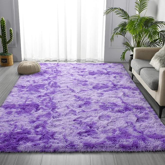 Deerhoo Soft Modern Shaggy Fluffy Carpets for Living Room Bedroom Girls Room Nursery Home Decor, 4 X 6 Tie-Dyed Plush Fuzzy Rugs, Indoor Carpet Shag Area Rug for Kids Room, Purple