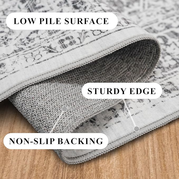 Washable 2'6''x8' Runner Rug - Non-Slip Vintage Runner Rug for Entryway Low-Pile Medallion Long Rugs for Hallway Waterproof Traditional Runner Rugs Indoor Thin Rug for Kitchen (Grey)