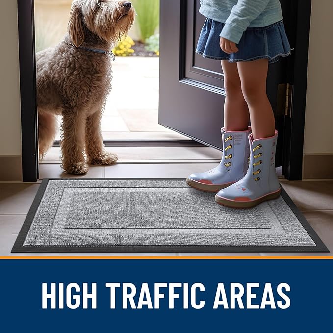 OLANLY Front Door Mat Indoor Outdoor Entrance, Waterproof All-Season, All-Weather Doormat, Sturdy Natural Rubber, Low Profile, Easy Clean Patio Porch Entryway Mat, 47x23, Silver Gray
