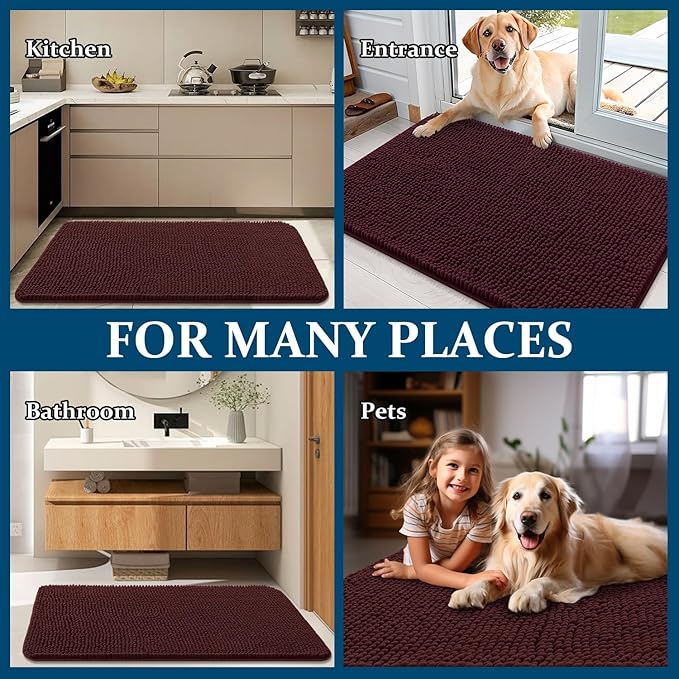 OLANLY Dog Door Mat for Muddy Paws 47x17, Absorbs Moisture and Dirt, Absorbent Non-Slip Washable Doormat, Quick Dry Chenille Mud Mat for Dogs, Entry Indoor Entryway Carpet for Inside Floor, Russet