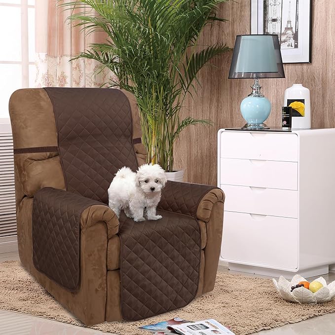 U-NICE HOME Recliner Chair Covers Reversible Quilted Water Repellent Pet Protectors with Elastic Straps (23''Recliner Small, Coffee/Beige)