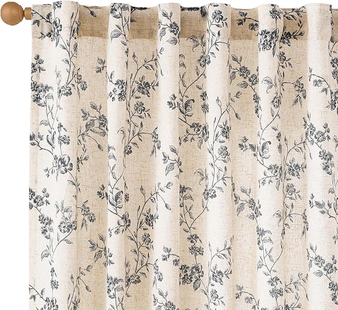Lazzzy Farmhouse Linen Curtains Black Floral Curtains 63 Inch Length Back Tab Drapes for Living Room Bedroom Light Filtering Country Vintage Rod Pocket, 2 Panels, Black on Beige
