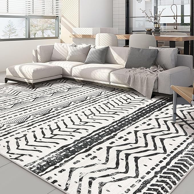 Nakagishi Black Rug Living Room Rugs: 10x14 Machine Washable Boho Large Neutral Modern Soft Moroccan Stain Resistant Indoor Floor Non Slip Accent Carpet for Bedroom Nursery Kids Playroom Office