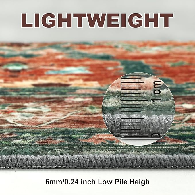 Yamaziot 8x10 Large Area Rug, Non-Slip Washable Boho Vintage Living Room Bedroom Rug with Rubber Backing, Low Pile Faux Wool Soft Distressed Rug Floor Carpet for Living Room, Bedroom