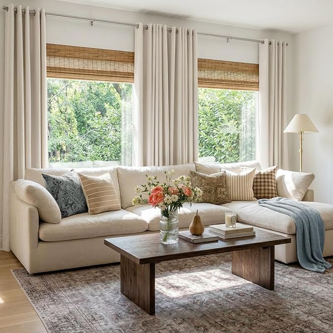 100% Blackout Linen Curtains 50" W x 84" L 2 Panels Set,Thermal Insulated Full Light Blackout Curtains for Bedroom/Living Room,Beige