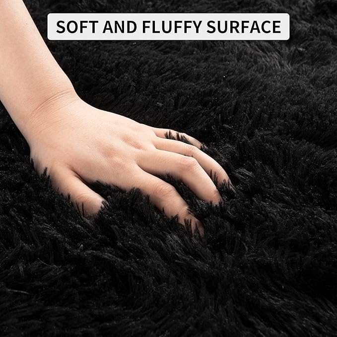 Tepook Super Soft Fluffy Rug for Bedroom, Modern Shaggy Fuzzy Kids Rugs for Living Room, Plush Indoor Nursery Home Decor Dorm Carpet with Non-Slip Bottom, Black, 3 X 5 Feet