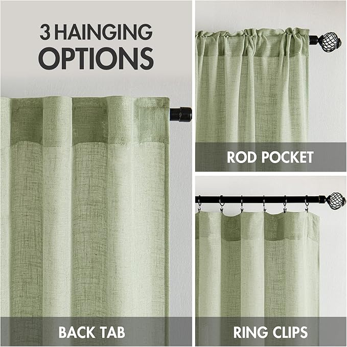 MIULEE Sage Green Short Linen Curtains 45 Inch Length 2 Panels for Kitchen Bedroom Bathroom, Soft Thick Linen Textured Basement Window Drapes Semi Sheer Light Filtering Back Tab Burlap Look Decor