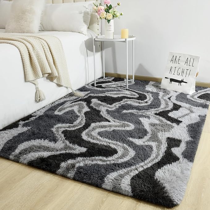 TWINNIS Super Soft Shaggy Rugs Fluffy Carpets, 4x5.9 Feet, Indoor Modern Plush Area Rugs for Living Room Bedroom Kids Room Nursery Home Decor, Upgrade Anti-Skid Rectangular Fuzzy Rug, Grey Black