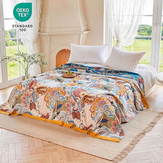 MSGKV Boho Throw Blanket 50"x60" Floral Cotton Blanket for Couch Sofa Spring Breathable Lightweight Farmhouse Blankets Home Decor Muslin All Seasons