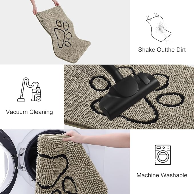 Smiry Dog Door Mat for Muddy Paws, Absorbent Dirt Trapper Non Slip Quick Dry Washable Chenille Mat for Mud Dogs, Entry Rug for Indoor and Outdoor (48x30 Inches, Warm Taupe and Black)