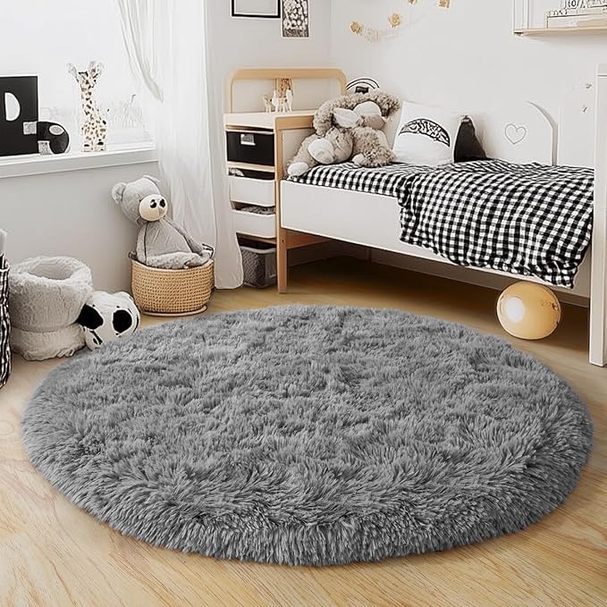 3'x3' Grey Round Rug for Bedroom, Ultra Soft Fluffy Circle Rug for Kids Girls Boys Room, Cute Small Shag Rugs for Living Room Playroom Teen Room Home Decor Rug