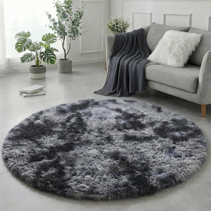 Amdrebio Tie-Dyed Dark Grey Round Area Rug 5Ft for Living Room Bedroom, Soft Furry Shaggy Circle Rugs for Classroom Playroom Dorm, Modern Cool Shag Fluffy Fuzzy Circular Carpet for Men Kids Teen Boys