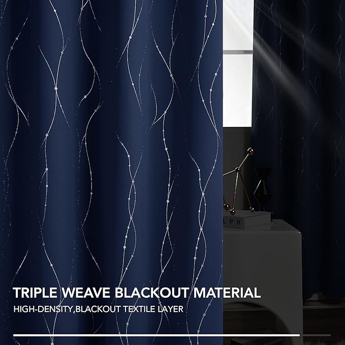 Deconovo Short Kitchen Curtains, Navy Blue Blakcout Curtain 38 x 45 Inch, Thermal Insulated Soundproof Drapes with Silver Wave Dots Prit, Grommet Top, Machine Washable for Nursery Bedroom Living Room