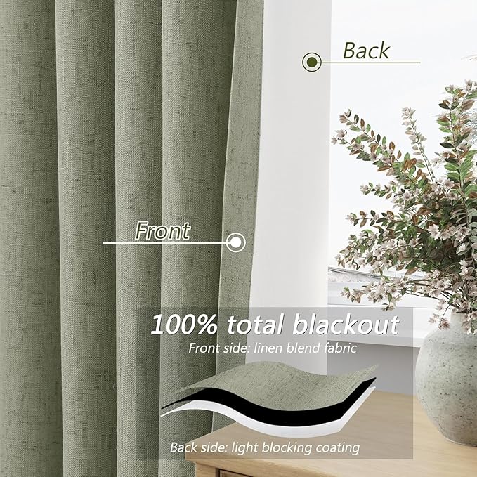 Guken Sage Green 100% Blackout Curtains 132 Inch Length 2 Panels Set for Living Room Bedroom Back Tab Thermal Insulated Black Out Linen Drapes Room Darkening Window Curtains 52x132
