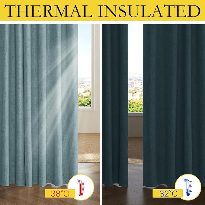 NICETOWN 100% Absolutely Blackout Linen Curtains with Thermal Insulated Liner, Skylark Blue, 62" Wide, 95" Length Energy Saving Curtains for Living Room 2 Panels Set, Vertical Blinds