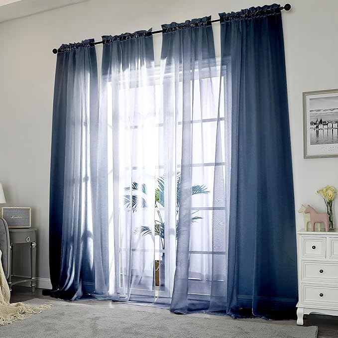 Chyhomenyc Extra Long Sheer Window Curtain Panels 120 Inch 2 PCS, Rod Pocket Durable Soft Touching Backdrop Drapes Window Treatment for Living Room/Farmhouse/Hotel, 42W x 120L inches, Navy Blue, 10 FT